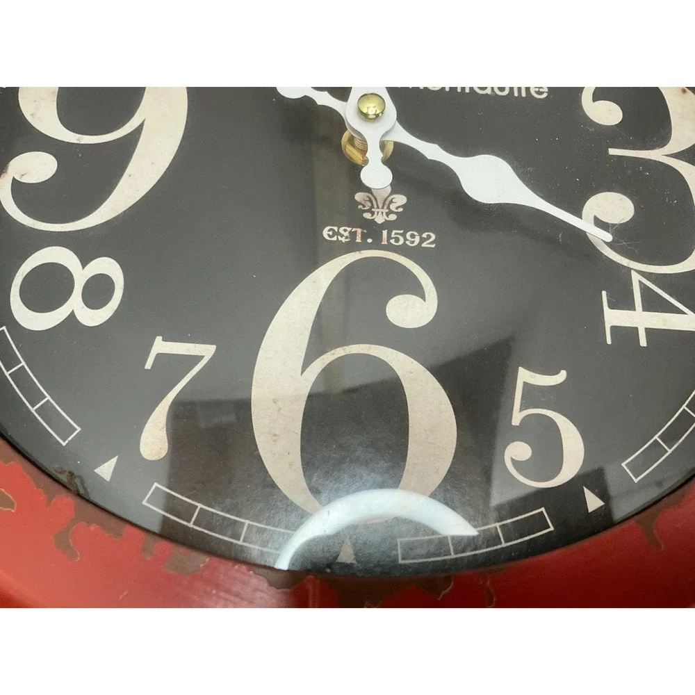 Chateau de Montautre Wall Clock Distressed Red Metal Industrial Farmhouse 12in